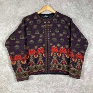 VTG Icelandic Design Cardigan Sweater Women Medium Orange Purple Wool Floral
